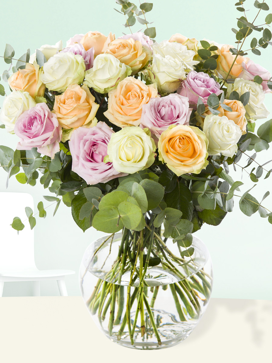 Pastel roses with eucalyptus