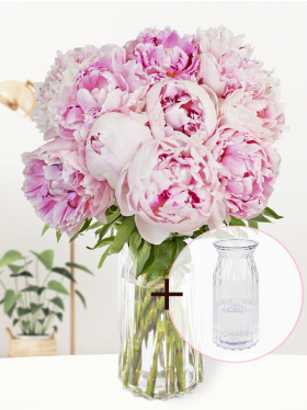 10 soft pink peonies with glass vase Aafke