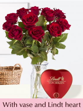 12 red roses - EverRed + Lindt heart + glass vase