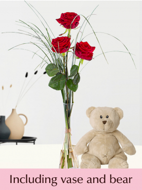 3 red roses with vase and teddybear