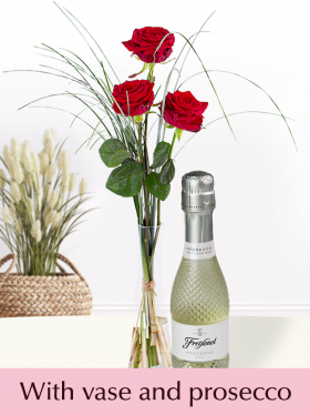 3 red roses with vase and prosecco