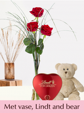 3 red roses with vase, Lindt heart and bear - Valentine's Day