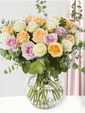 Pastel coloured rose bouquet with eucalyptus