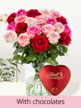 Pink-red rose bouquet with Lindt heart