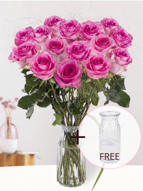 Pink rose bouquet with panicum + free glass vase