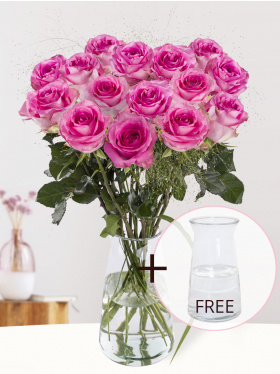 Pink rose bouquet with panicum + free glass vase