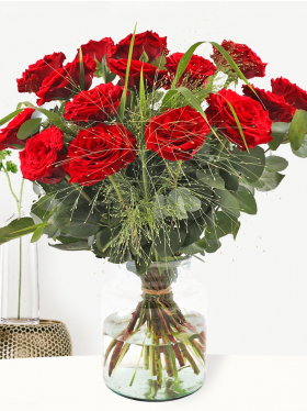 Red rose bouquet with eucalyptus and panicum