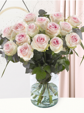 Soft pink rose bouquet with eucalyptus and panicum