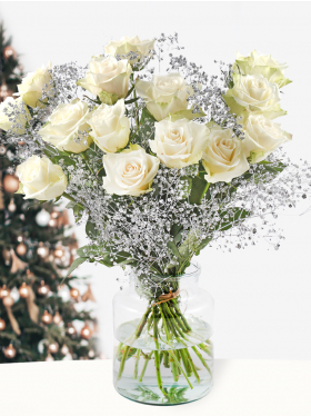 White rose bouquet with silver coloured gypsophila