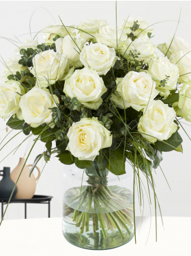 White rose bouquet with beargrass