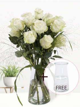 White rose bouquet + panicum + vase